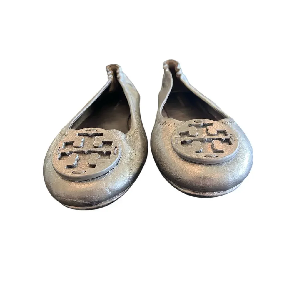 Tory Burch Minnie Flats Travel Ballet Slip On Leather Metallic Office Preppy 6.5